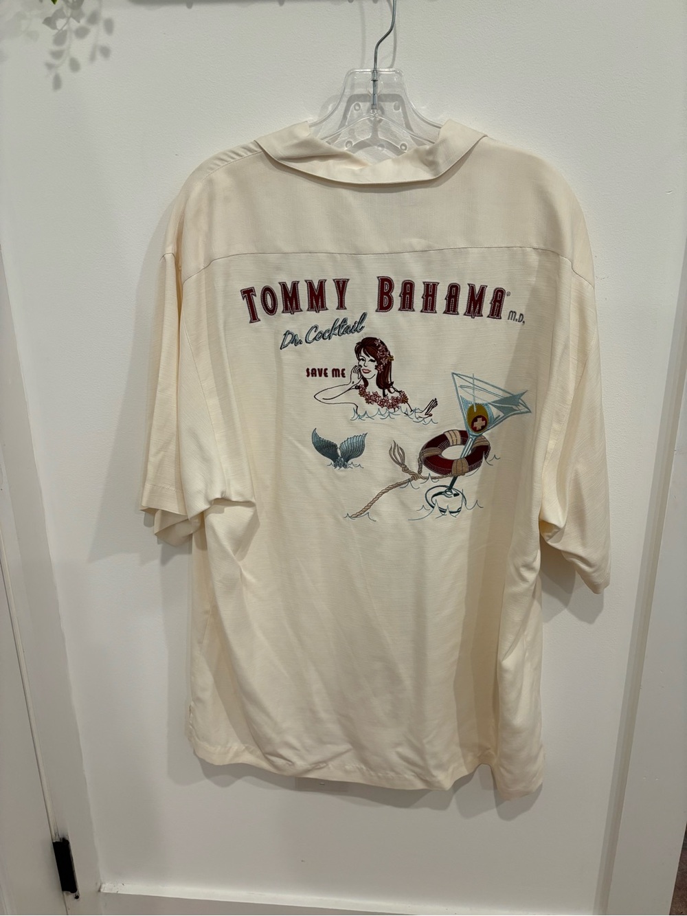 Tommy Bahama NEW Silk Embroidered DR. COCKTAIL SAVE ME Camp Shirt Cream Men L